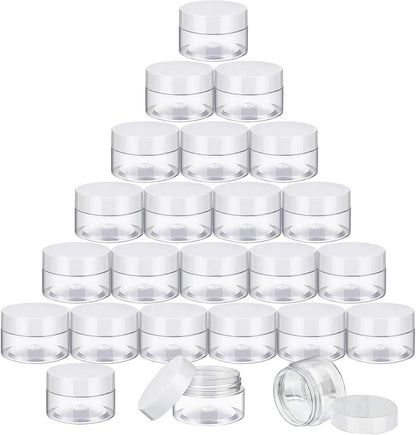 SATINIOR 24 Pieces Empty Clear Plastic Jars with Lids Round Storage Containers Wide-Mouth for Beauty Product Cosmetic Cream Lotion Liquid Butter Craft and Food (White Lid, 1 oz)