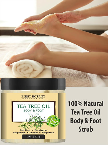 First Botany 100% Natural Tea Tree Oil Body & Foot Scrub with Salt - Best for Acne, Dandruff and Warts, Corns, Calluses, Athlete foot, Jock Itch & Body Odor
