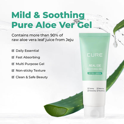 CURE Aloe Vera Gel with 90.52% Leaf Juice, Soothing & Hydrating Korean Skin Care for Sun-Exposed or Dry Skin, 5.07 fl oz, Refreshing Gel Moisturizer for Face & Body