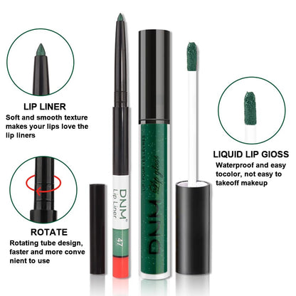evpct 2Pcs Emerald Green Shimmer Glitte Liquid Lipstick Lip Gloss Stain and Retractable Lip Liner Makeup Set for Women Long Lasting Waterproof 24 Hours Lipstick labial mate larga duracion 24 47#