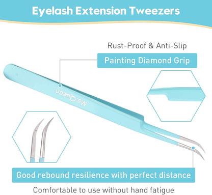 Ms.Queen Lash Tweezers for Eyelash Extensions,Professional 5Pcs Fiber Tip Curved Isolation 45 90 Degree Boot Volume Lash Tweezers for Extensions, Blue