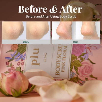 PLU Korean Walnut Body Scrub Pink Floral with Manuka Honey - Exfoliating & Moisturizing & Firming Glow - for Acne, Cellulite, Stretch Marks, Spider Veins, Fresh & Elegance Rose Scent 6.76 oz.