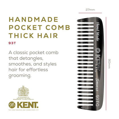 Kent 93T Black Graphite Beard Comb for Men - Wide Tooth Men's Comb, Ideal For Mustaches and Beards and Facial Hair, Small Pocket Sized Travel Detangler Combs, Saw-Cut, Hand Polished, Made in England