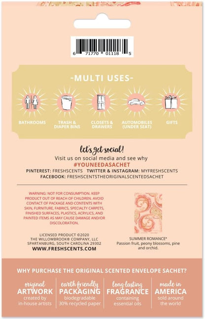 Willowbrook | Fresh Scents Scented Sachet Packet | Summer Romance | Air Freshener Bags for Drawers, Closets, Cars | 6 Pack | Long Lasting Home Fragrance