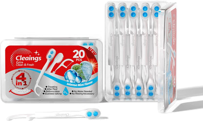 cleaings® Disposable Toothbrushes with Toothpaste - 4-in-1 Mini Travel Toothbrushes, Built-in Tongue Scraper, Floss & Picks for On-The-Go, Camping, Work (Extra Strong Mint)