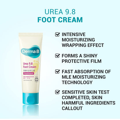 Derma B | Urea 9.8% Foot Cream | Foot Lotion for Dry Cracked Heel Treatment | Camellia Oil, Urea Cream for Feet | Hypoallergenic Leg Cream for Sensitive Skin | Woody Scent Foot Care | 2.7 fl oz (80ml)