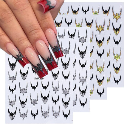 4Pcs Gothic Halloween Nail Art Stickers - Self-Adhesive Black Bat Wing Stickers, Gold/Silver/Glitters Nail Decals, Halloween Nail Art Decals for Manicure, Parties, Everyday Gothic Nail Decorations