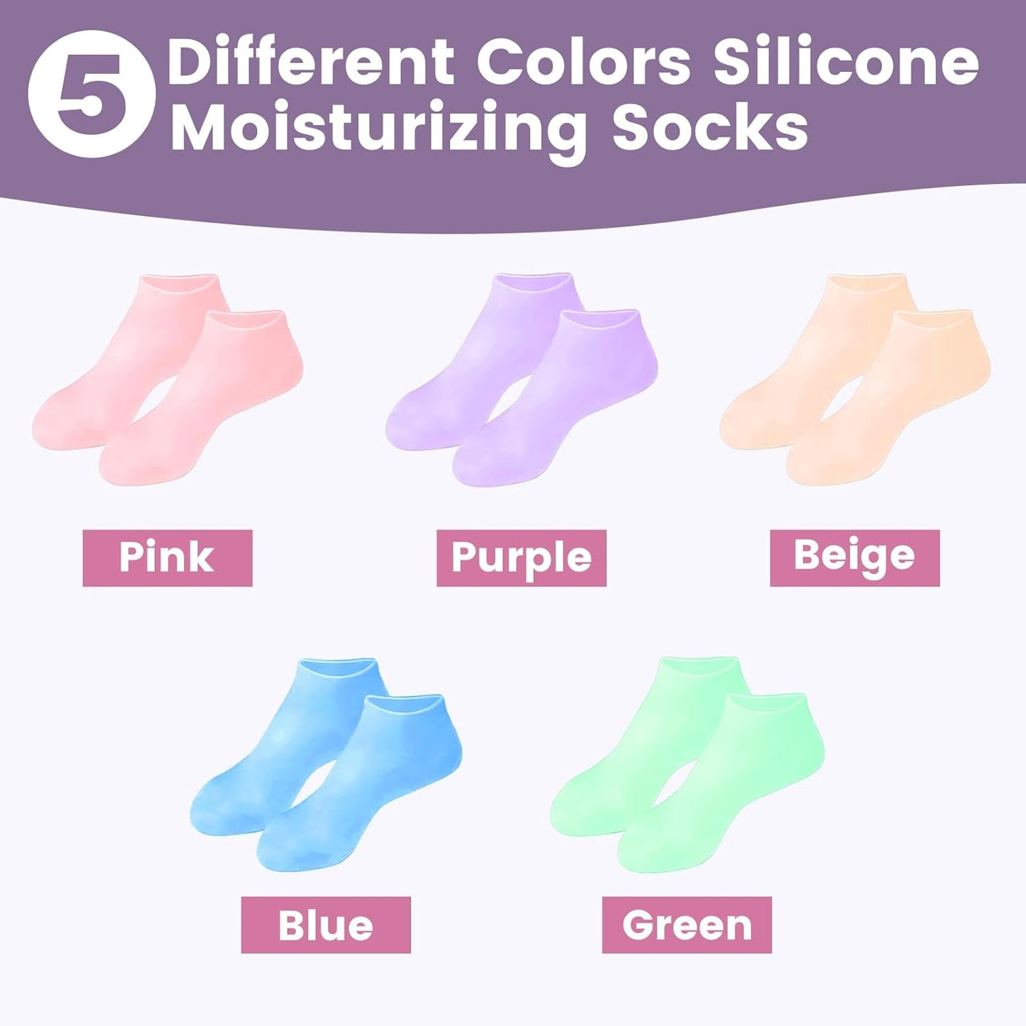 5 Pairs Silicone Socks for Dry Cracked Feet, Women's Foot Socks for Moisturizing, Cracked Heel Treatment (5 Colors Assorted, Fits Up to Size 11)