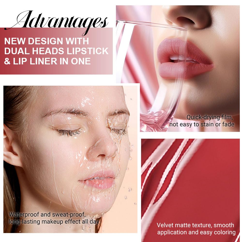evpct 1Pcs Bright Fire Ruby Red Matte Lip Liner and Liquid Lipstick Stain Makeup Set for women, Red Long Lasting Smudge Proof Lipstick labiales matte mate larga duracion listip 24 hours originales,14#