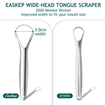 Tongue Scraper (2 Pack), Wide-head Tongue Cleaner with Nice Carrying Box, Easkep 100% Stainless Steel Tongue Scrapers Cleaners, for Men, Women, Adults, Kids，Silver
