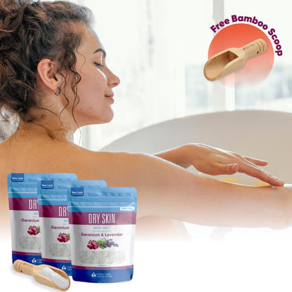 Dry Skin Bath Salt (3 Pack with Scoop) Skin Soothing Epsom Salt with Pure Essential Oils in BPA Free Pouch with Press Lock Seal Made in USA Three 2 Lbs Pouches 6 Lbs Total