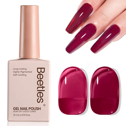 Beetles Burgundy Red Gel Nail Polish - 15ML Wine Red Neutral Cherry Color Jelly Fall Gel Polish Soak Off UV Translucent Effect Blushed Wine Series Manicure Gift for Women
