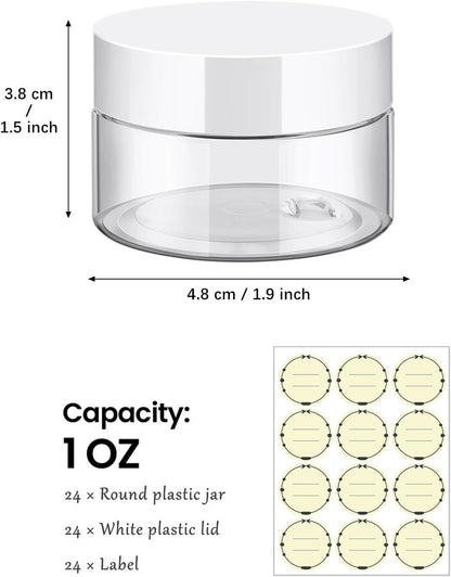 TUZAZO 24 Pack 1 Oz Small Plastic Container Jars with Lids and Labels BPA Free, Empty Round Clear Cosmetic Containers Plastic Slime Jars for Lotion, Cream, Ointments, Samples, Travel Storage (24)