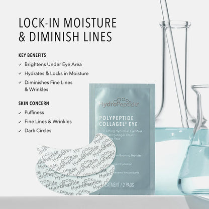 HydroPeptide PolyPeptide Collagel Eye Masks, Line-Lifting Hydrogel Under Eye Patch, Firmer Appearance & Hydration & Dark Circles, 8 Treatments