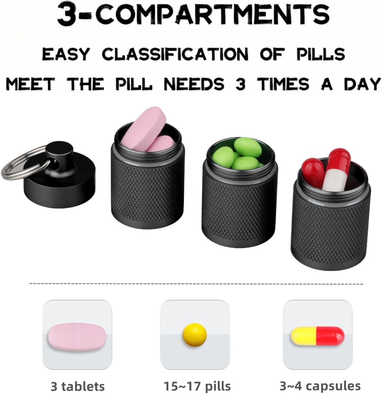 Waterproof Keychain Pill Holder - Compact, Portable, and Secure Pill Box with 3 Compartments - Pocket-Sized Pill Case and Container for Daily Medication on The Go, Black