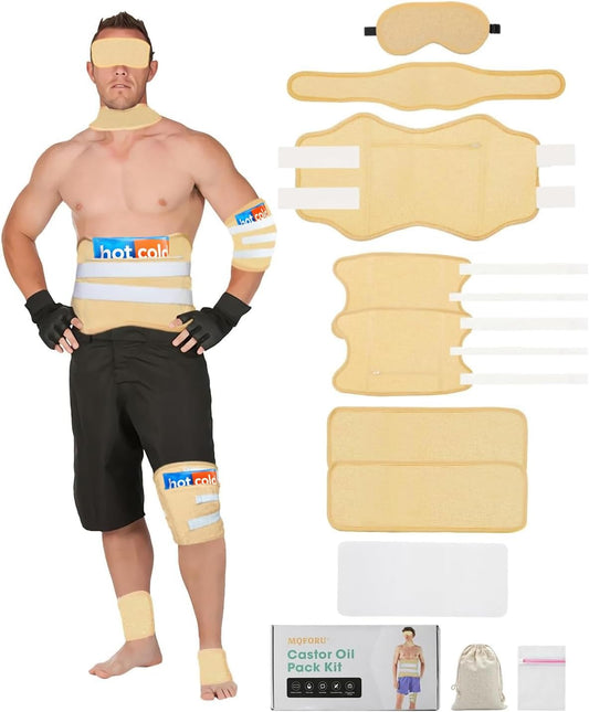 10 Pcs Castor Oil Pack Wrap, Plus Size Castor Oil Pack for Men Women, XL Reusable Castor Oil Wrap Kit for Eyes Neck Stomach Waist Knees Legs Feet, Flannel Cotton, Anti Oil Leak, Machine Washable