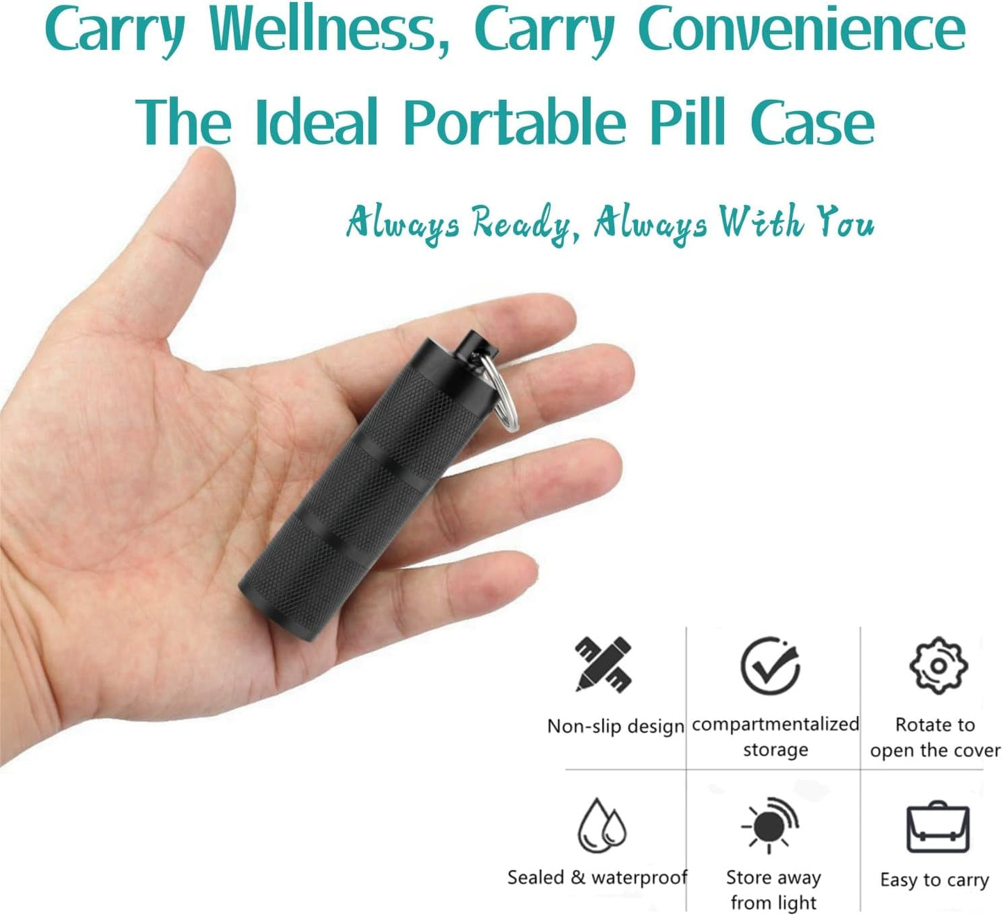 Waterproof Keychain Pill Holder - Compact, Portable, and Secure Pill Box with 3 Compartments - Pocket-Sized Pill Case and Container for Daily Medication on The Go, Black