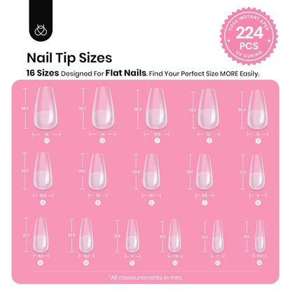 Beetles Tipex Gel Nail Kit with 224Pcs 16Sizes Medium Coffin Apex Nail Tips C Curved , Pre-building Acrylic Nails with Tipex Nail Glue，Mini Nail Lamp, Nail File for DIY Nails or Salon Use