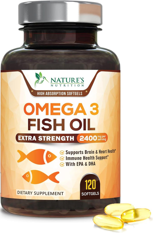 Omega 3 Fish Oil 2400 mg – Triple Strength EPA & DHA Fatty Acids for Heart, Brain & Joint Support – Wild-Caught, Burpless, Lemon Flavor Supplement – Natural, Non-GMO, Gluten-Free – 120 Softgels