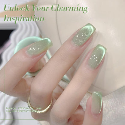 BORN PRETTY Green Cat Magnetic Eye Gel Nail Polish Shimmer Glitter Holographic Aurora Green Magnetic Gel Polish Nail Art Manicure DIY at Home 15ML