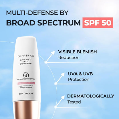 SPF 50 DOMINAS Tinted Sunscreen Moisturizer (1.7fl oz) - Tone Correction, Korean Skin Care, Broad-Spectrum UV Defense Sunblock, Water-in-Oil Formula for Lightweight, Panthenol, Sun Cream