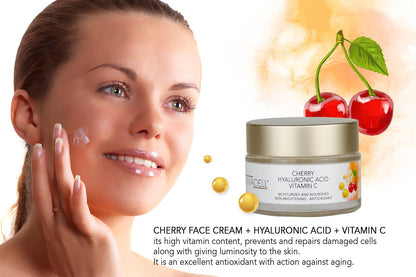 Cherry Face Mositurizer Cream with Hyaluronic Acid & Vitamin C - Nourishing, Youth Preserving, Fills Expression Lines & Wrinkles - 50 ml