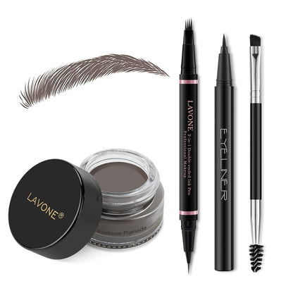 LAVONE Eyebrow Pencil Makeup Kit, with Waterproof 2-IN-1 Microblading Eyebrow Pen, Eyebrow Pomade, Eyeliner and Dual-ended Eyebrow Brush, Brow Pencil Kit for Natural Eyebrows - Ebony