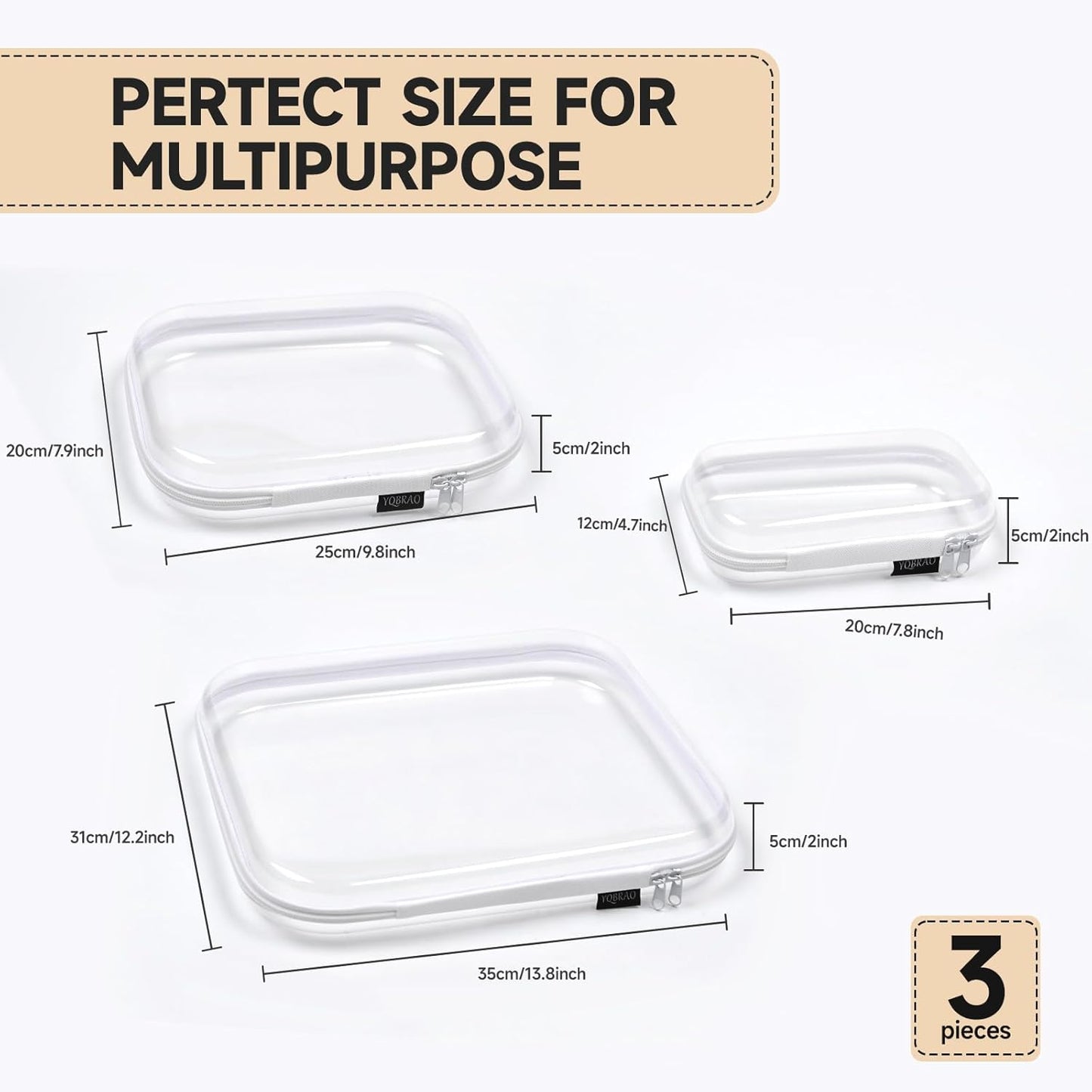 Hard Sided Clear Zipper Case for Storage- Professional-Grade Plastic Clear Zipper Pencil Case,Toy Storage Bins, Toiletry Pouch, Travel Organizer, Cosmetic Bag（White,3 Pack, LMS）