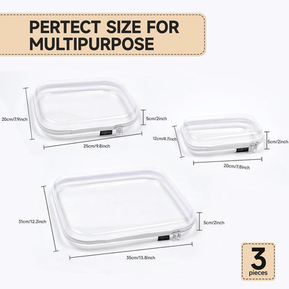 Hard Sided Clear Zipper Case for Storage- Professional-Grade Plastic Clear Zipper Pencil Case,Toy Storage Bins, Toiletry Pouch, Travel Organizer, Cosmetic Bag（White,3 Pack, LMS）