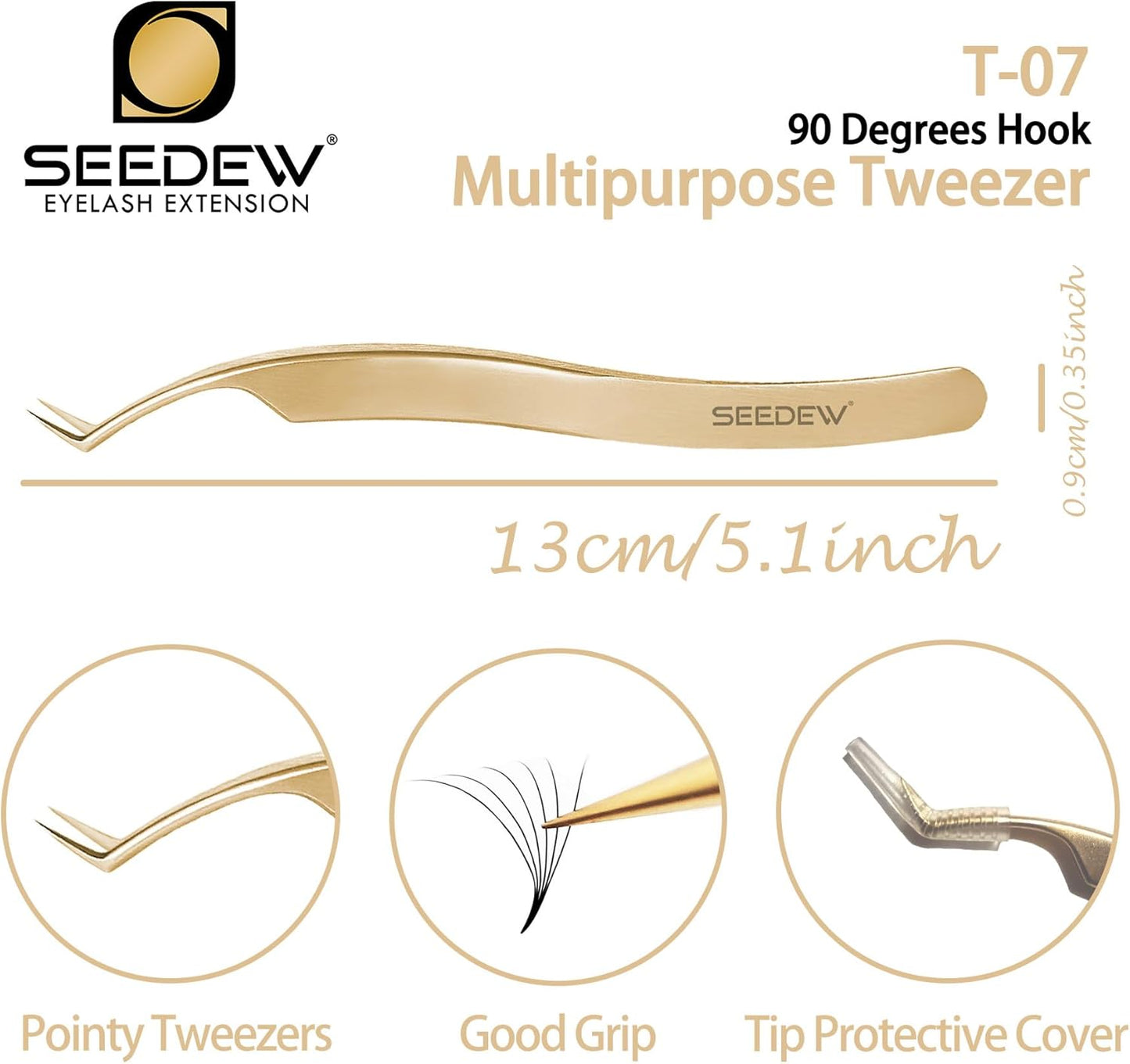 Tweezer Eyelash Extensions 1 PCS Stainless Steel 45 Degree Pointy Hook Multipurpose Tweezer Isolation Professional Precision Supplies Application Tools for Lash Tech Artist Beginner(Golden)