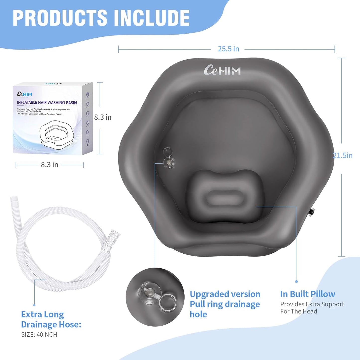 Inflatable Shampoo Basin for Bedridden, Elderly & Disabled - Petal-Shape Large Size, 360° Neck Support, Central Drain Hole with Pull Ring | Leak-Proof PVC Portable Hair Washing Bowl (Grey)