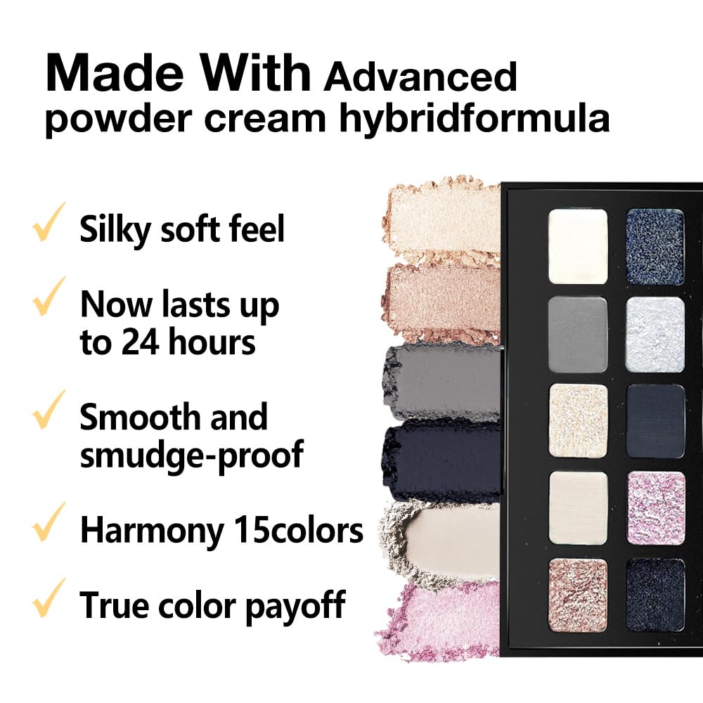 SUAKE 15 Colors Matte Shimmer Pearlescent Eyeshadow Palette for Eye Makeup,High Pigmented Smoky Dark Punk Metal Eye Shadow Primers Powder, Flashing sombras de ojos for Cosplay - Black Gold Blue Brown