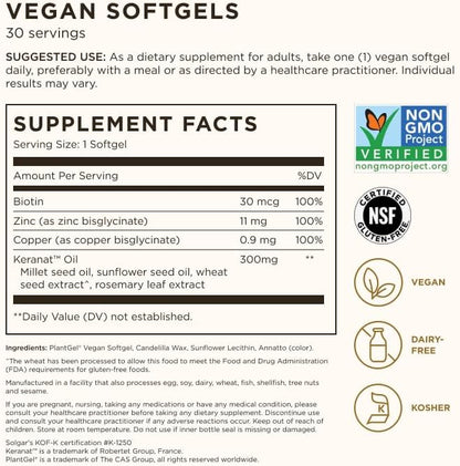 Solgar Hair Growth Supplement for Thicker Fuller Hair with Keranat Oil, Biotin, Zinc and Copper, Hair Health Supplement, Age-Defying Nutrition for Men and Women, 30 Servings