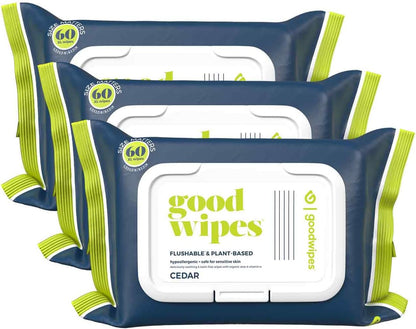 goodwipes Flushable Butt Wipes Made with Vitamin E & Aloe - Soft & Gentle Wet Wipe Dispenser for Home Use, Septic & Sewer Safe - Largest Adult Toilet Towelettes - Cedar, 180 Count (3 Packs)
