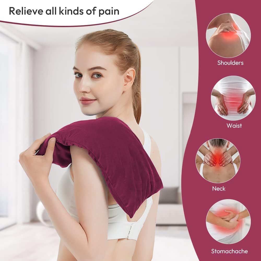 Microwavable Heating Pad with Washable Cover, 8 x 18 Microwave Heating Pad for Neck and Shoulders, Moist Heat Bean Bag Warm Compress for Knee, Joints, Wrist, Abdomen (Wine Red)