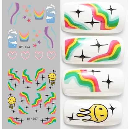 Abstract French Tips Nail Art Stickers Decals Colorful Sun Flower Smiling Nail Foils Sticker Water Transfer Nail Decals Rainbow Design Acrylic Nail Sticker for Nail Art Women Nail Decoration 12Pcs