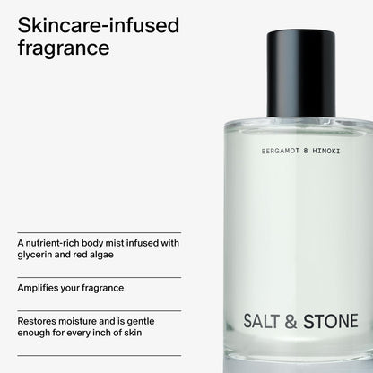Salt & Stone Body Mist, Bergamot & Hinoki Scent, Skincare Infused Perfume Hair & Body Spray for Women and Men, Hydrating Fragrance with Glycerin and Red Algae, Vegan, Cruelty Free, 3.4 fl oz