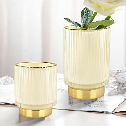 DASITON Makeup Brush holder Organizer,Crystal Cosmetic Makeup Brush Glass Brushes Storage Holder, Vintage Make Up Brush Cup Pen Pencil Holder striped vase(Cream L)