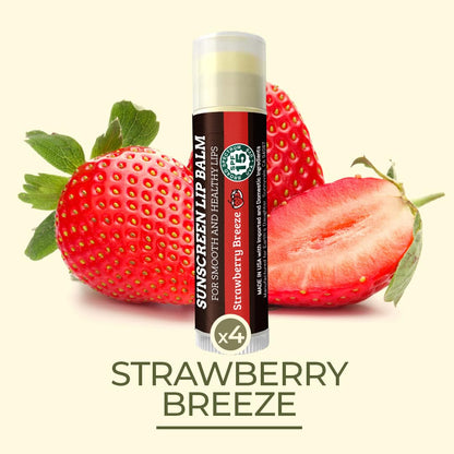 Earth's Daughter SPF Lip Balm 4-Pack Strawberry Flavor - Lip Sunscreen, SPF 15, Organic Ingredients, Beeswax, Coconut Oil, Vitamin E - Hypoallergenic, Paraben Free, Gluten Free