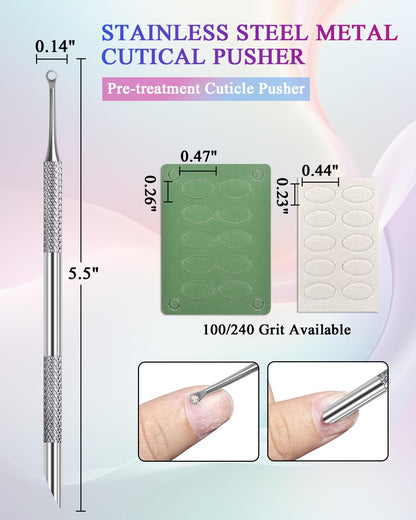Loop Cuticle Pusher, Pre-treatment Cuticle Pusher, Stainless Steel Round Cuticle Pusher with 100#/240# Grit Nail Files and 1p Storage Bags, For Salon & Home Use