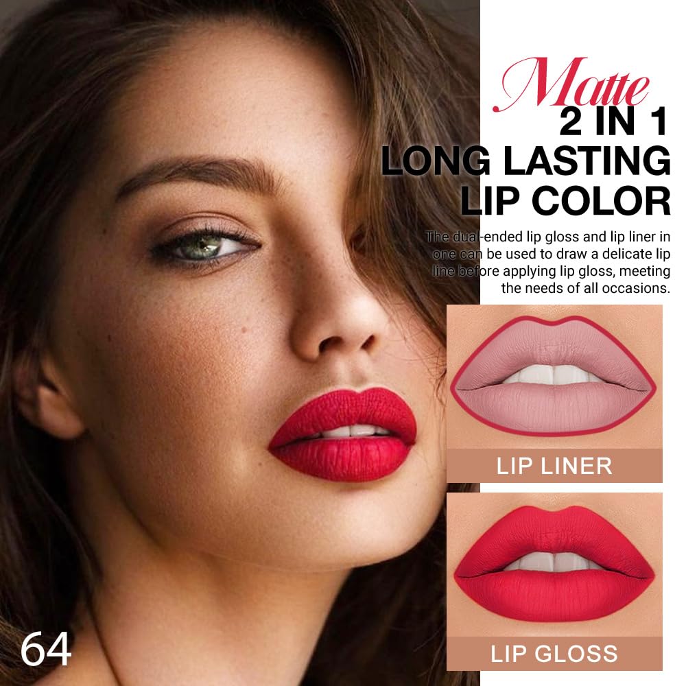 evpct 1Pcs Fire Bright Red Matte Lip Liner & Liquid Lipstick Stain Makeup Set for Women, Red Lip Liner Stain Long Lasting Waterproof Smudge Proof, Cruelty Free Lip Stick Makeup 24 hours originales, 64