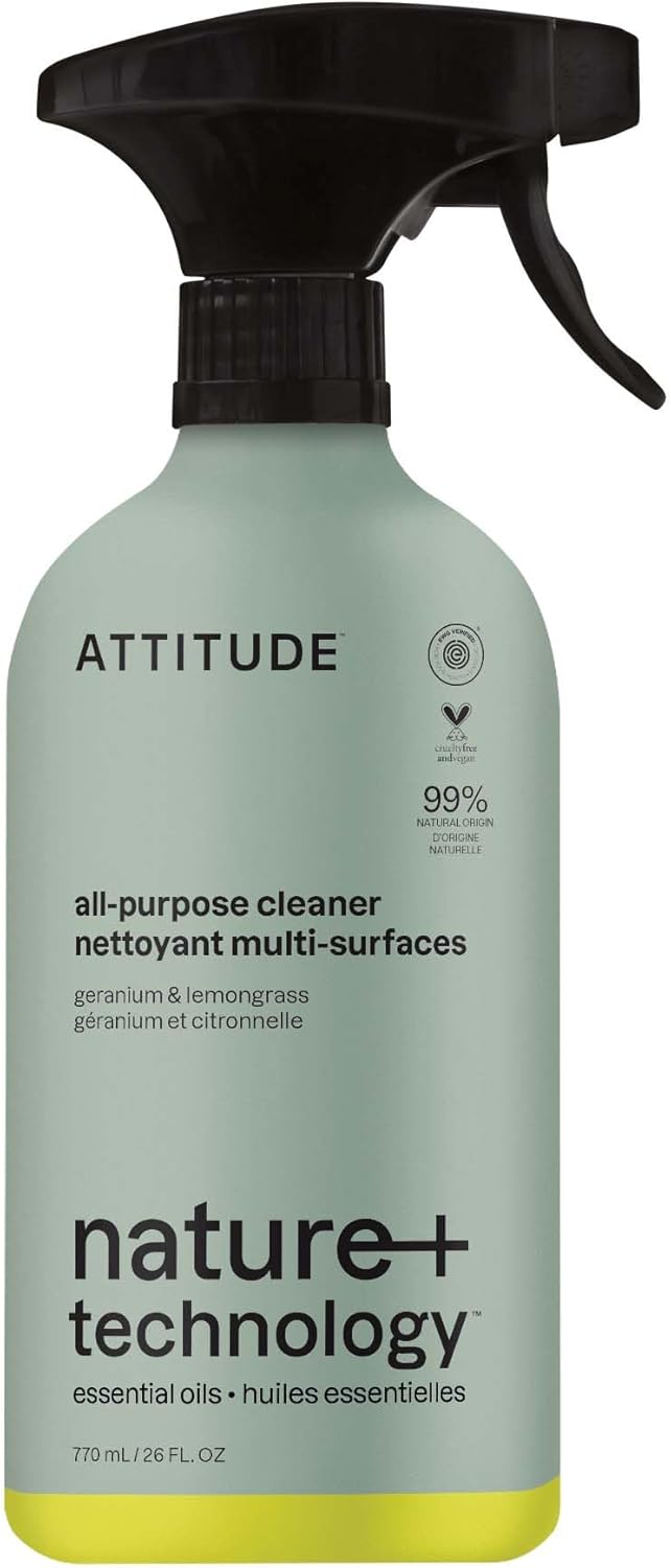 ATTITUDE All-Purpose Cleaner Spray, Natural Origin Ingredients, EWG Verified, Ammonia-Free, Removes Fingerprints, Dust and Dirt, Streak-Less, Geranium & Lemongrass, 26 Fl Oz