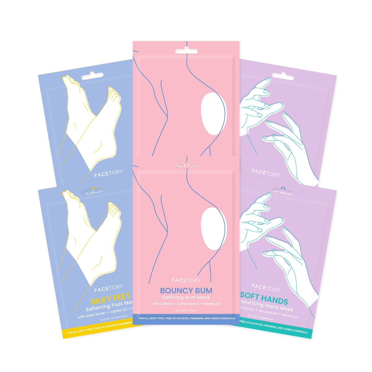 FACETORY Body Spa Sheet Mask Bundle Variety Pack of 6 with Korean Sheet Masks for Feet, Hands, and Butt - Softening, Hydrating, Nourishing, Moisturizing, for Dry, Cracked Skin