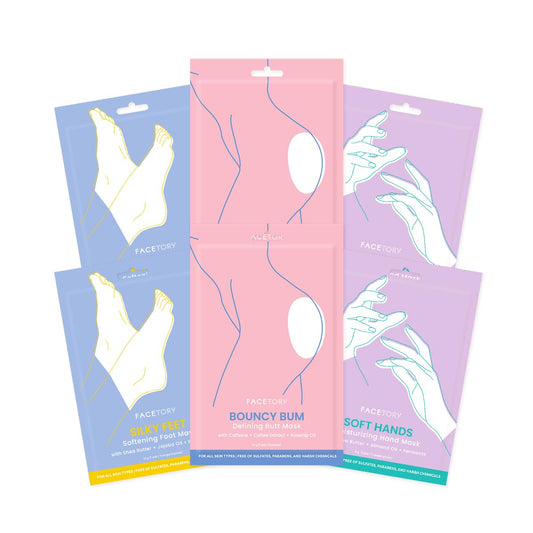 FACETORY Body Spa Sheet Mask Bundle Variety Pack of 6 with Korean Sheet Masks for Feet, Hands, and Butt - Softening, Hydrating, Nourishing, Moisturizing, for Dry, Cracked Skin