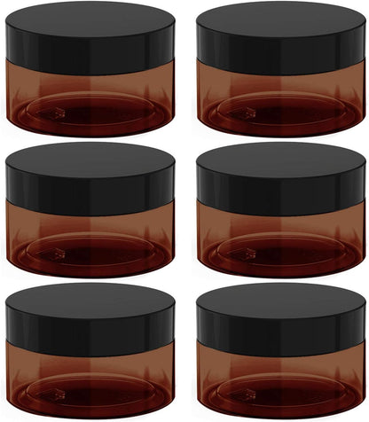8 oz Amber Plastic Cosmetic Jars Leak Proof Container with Black Lid for Cream, Lotion, Powder, ointment, Beauty Products etc, 6 Pcs.