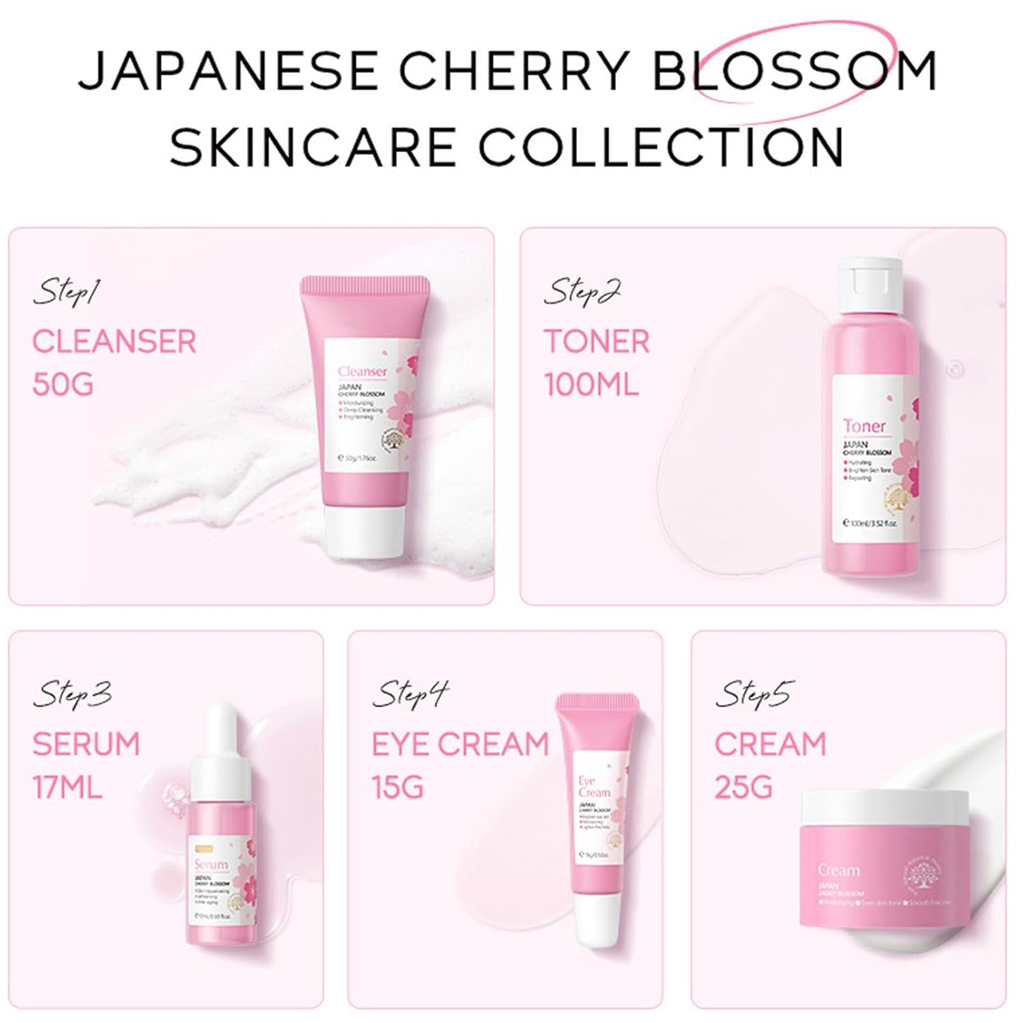 Korean Skin Care Set - Sakura Skin Care Sets & Kits - Women Gift Sets with Cleanser-Toner-Serum-Face Cream-Eye Cream - Skin Care Routine Kit for Women - Beauty Products Gift Box (SetB)