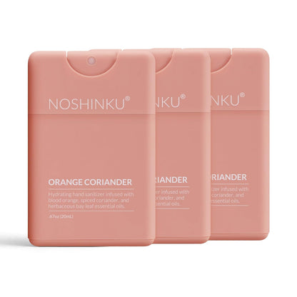 Noshinku - Refillable Hand Sanitizer Orange Coriander 3-Pack, Travel Size Spray, Hydrating Botanical Oils, Natural Ingredients, All Natural Fragrances, Sugarcane Derived Alcohol, No Parabens, No Dyes