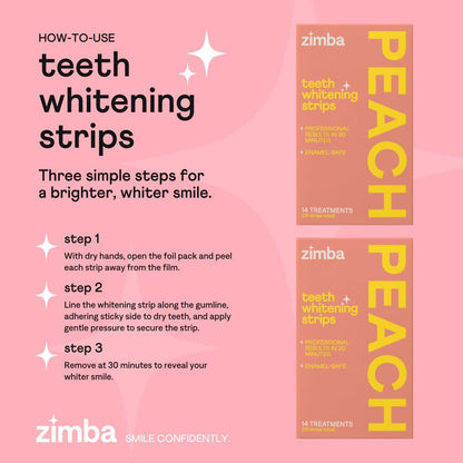 Zimba Teeth Whitening Strips Vegan Whitening Strip Enamel Safe Teeth Whitening Hydrogen Peroxide Teeth Whitener for Coffee, Wine, and Other Stains, 28 Strips (14 Day Treatment), Peach