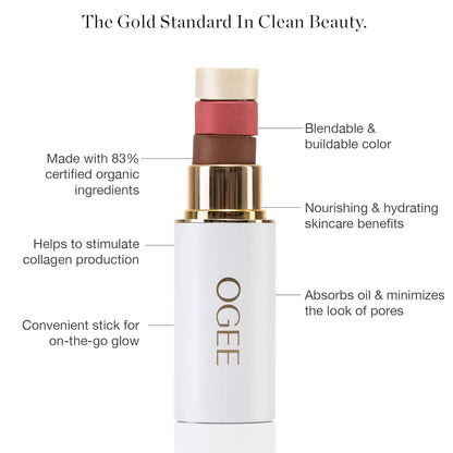 Ogee Sculpted Face Stick (CARNELIAN - SHEER LUMINOUS CORAL) Certified Organic Blush Stick - Multi-Use Cream Blush & Highlighter