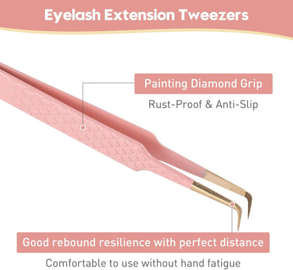 Ms.Queen 90 Degree Lash Tweezers for Eyelash Extensions, Precision Fiber Tip Grip Mega Volume Lash Tweezers